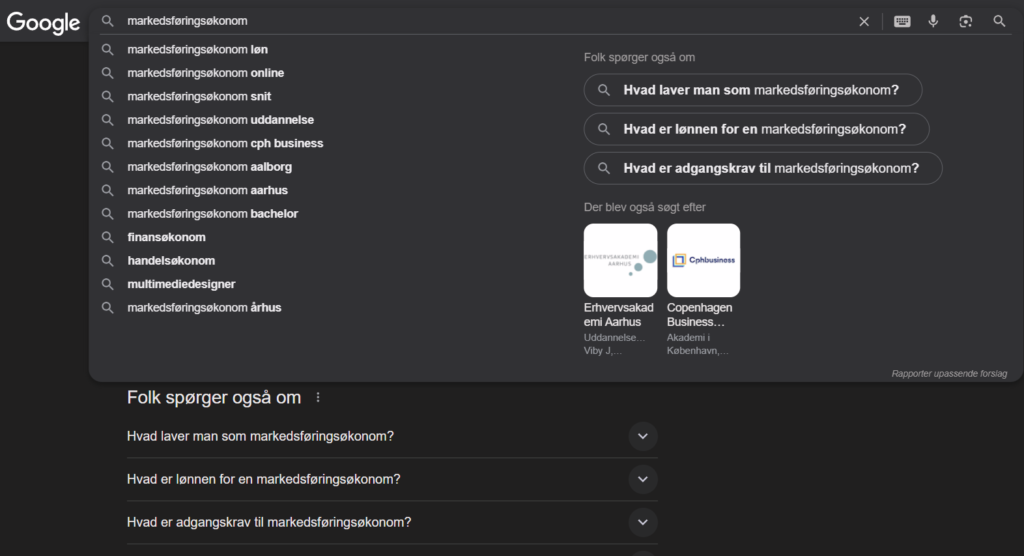 Billede af søgeordet markedsføringsøkonom i Google Autosuggest til melaniehansen.dk
