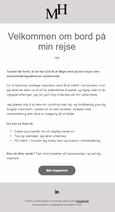 Billede af Melanie Hansens velkomstmail