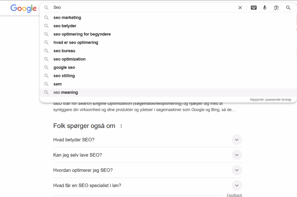 Billede af søgeordet SEO på Google Autosuggest til melaniehansen.dk
