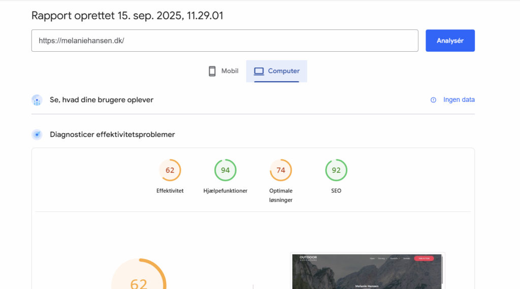 Billede af Speed test af effektivitet på melaniehansen.dk - Computervisning
