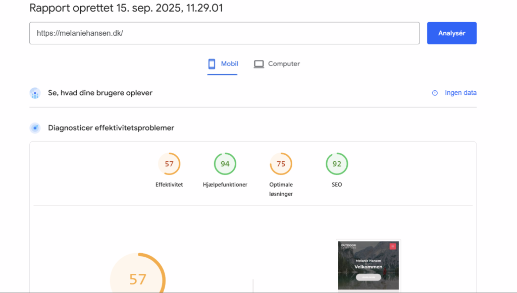 Billede af Speed test af effektivitet på melaniehansen.dk - mobilvisning