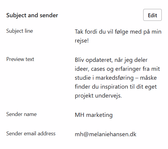 Billede af emnelinje og preview tekst til Melanie Hansens velkomstmail