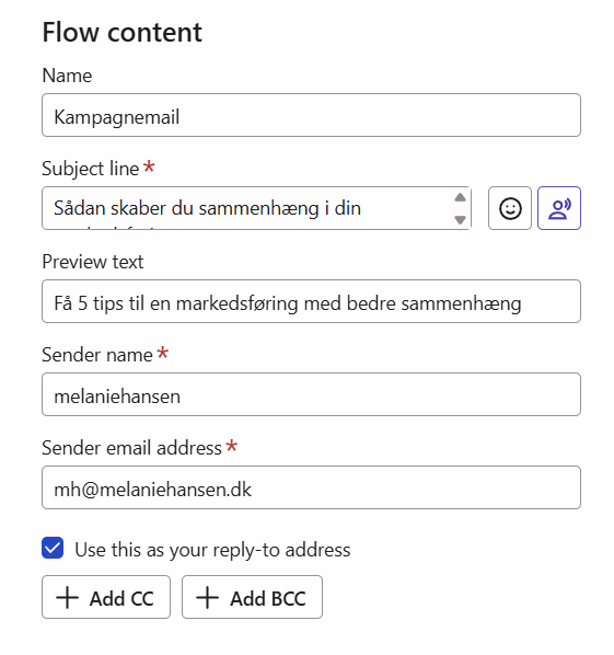 Billede af emnelinje og preview-tekst til Melanie Hansens Kampagnemail.