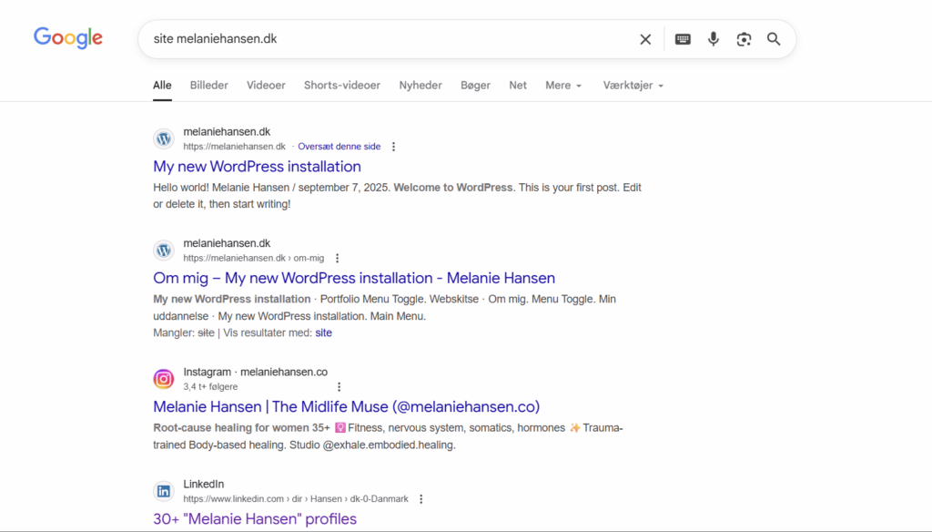 Billede af indeksering på Google af melaniehansen.dk