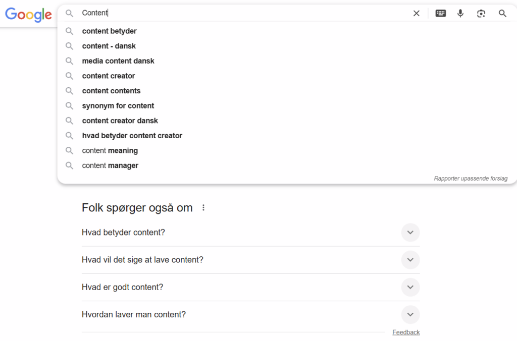 Billede af søgeordet Content i Google Autosuggest til melaniehansen.dk