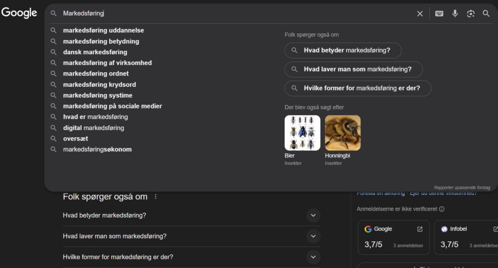 Billede af søgeordet Markedsføring i Google Autosuggest til melaniehansen.dk