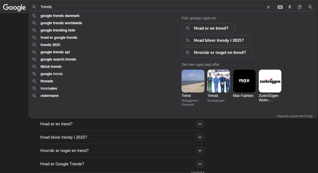 Billede af Søgeordet Trends på google Autosuggest til melaniehansen.dk